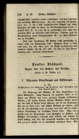 Fünfter bis Achter Abschnitt. Regeln über das Rechnen mit Brüchen. Regeln über Preisberechnungen. Anwendung der Regeln. Auflösung algebraischer Exempel.