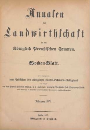 11.1871: Annalen der Landwirthschaft in den Königlich Preußischen Staaten / Wochenblatt