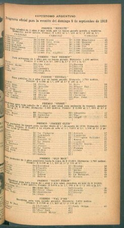 Hipódromo Argentino - Programa oficial para la reunión del domingo 8 de septiembre de 1912