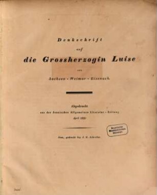 Denkschrift auf die Grossherzogin Luise von Sachsen-Weimar-Eisenach