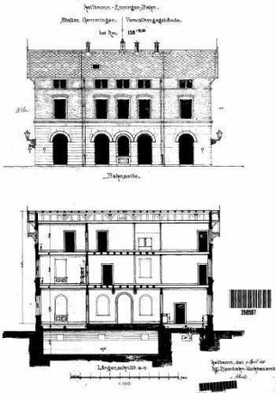 Gemmingen: Empfangsgebäude Verwaltungsgebäude Längsschnitt a-b,Längsansicht Bahnseite