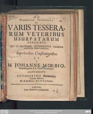 Dissertatio Philologica De Variis Tesserarum Veteribus Usurpatarum Generibus