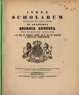 Index scholarum publice et privatim in Academia Georgia Augusta ... habendarum, SS 1865