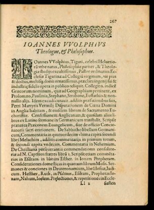 Ioannes Wolphius Theologus, et Philosophus.