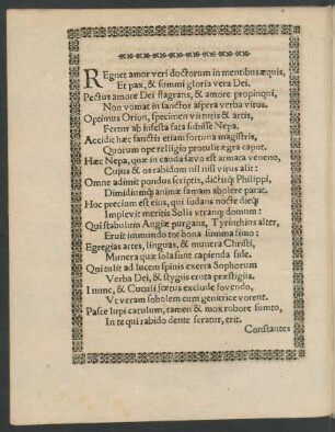 Regnet amor veri doctorum in mentibus aequis, Et pax, & summi gloria vera Dei ...
