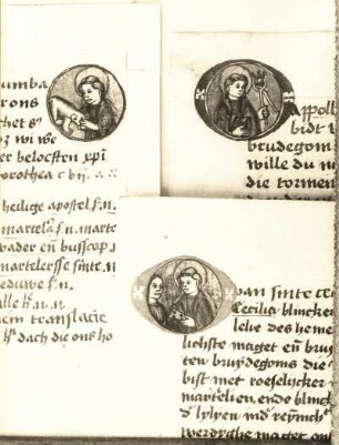 Drei Initialen mit verschiedenen Heiligen : Drei Initialen mit verschiedenen Heiligen. Zeichnung (1401/1500)