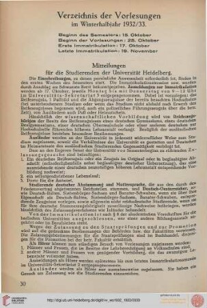 Verzeichnis der Vorlesungen im Winterhalbjahr 1932/33