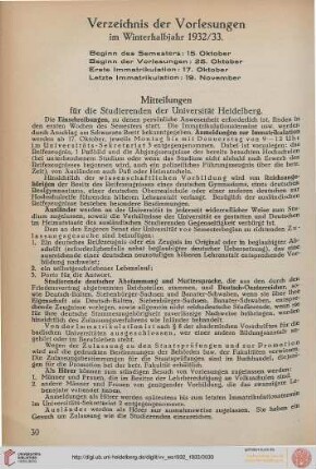 Verzeichnis der Vorlesungen im Winterhalbjahr 1932/33