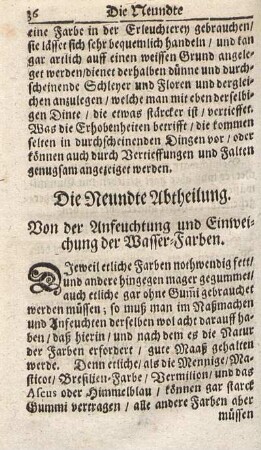 Die Neundte Abtheilung. Von der Anfeuchtung und Einweichung der Wasser-Farben.