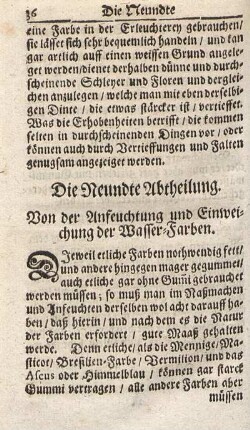 Die Neundte Abtheilung. Von der Anfeuchtung und Einweichung der Wasser-Farben.