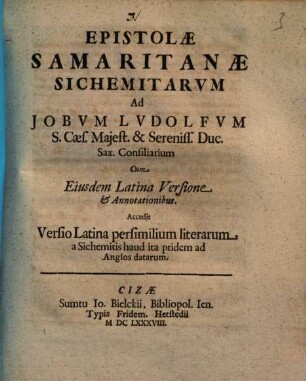 Epistolae Samaritanae Sichemitarvm ad Jobvm Lvdolfvm