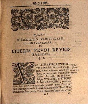 Dissertatio Jvris Fevdalis Inavgvralis De Literis Fevdi Reversalibvs, Von Lehns-Reversalien
