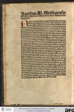 Jacobus W. Sletstatensis Theoderico Gresmundt Moguntino iuniori salutem plurimam dicit.