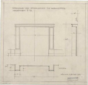 Littmann, Max; Bocksberg; Hofgut, Wohnhausanbau - Rückwand des Sitzplatzes im Wohnzimmer (Grundriss, Ansicht, Schnitt)