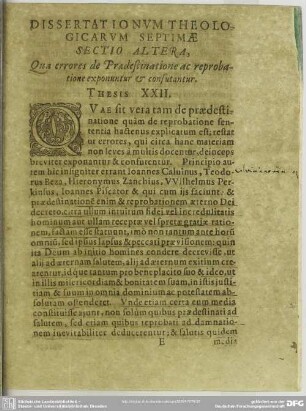 Sectio Altera. Qua errores de Praedestinatione ac reprobatione exponuntur & confutantur