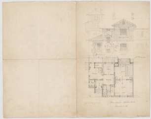 Thiersch, August ; München - Nymphenburg; Kleines Wohnhaus mit Atelier - Grundriss, Ansicht