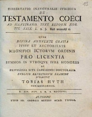 Dissertatio Inavgvralis Ivridica De Testamento Coeci : Ad Illvstrand. Text. Reform. Nor. Tit. XXIX. L. 2. §. Und wiewohl [et]c.
