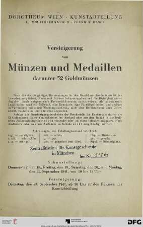 Versteigerung von Münzen und Medaillen : darunter 52 Goldmünzen ; Versteigerung: 23. September 1941