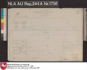 Längenansicht und Grundriß vom Platzgebäude BARTSHAUSEN Handzeichnung von Bohr Papier Format 47,0x33,1 M 1:120