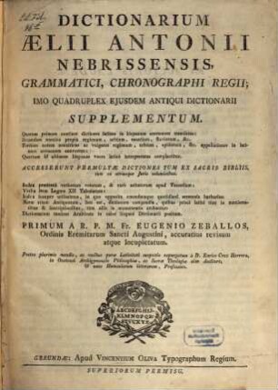 Dictionarium Aelii Antonii Nebrissensis : imo quadruplex eiusdem antiqui dictionarii supplementum