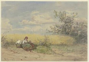 Bäuerin mit Kind vor einem reifen Kornfeld ruhend