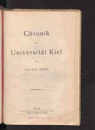 1915/16: Chronik der Universität Kiel für das Jahr 1915/16