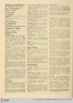 Ständige Ausstellungen / Elfte Ausstellung G. Münter / Zwölfte Ausstellung R. Delaunay / Verlag der Sturm / Zeitschriften / Anzeigen