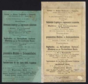Karte des Sächsisch-Böhmischen Erzgebirges, ca. 1:125 000, Lithographie, 1892 : Special-Karte des Sächsisch-Böhmischen Erzgebirges : Oestl. Th. Westl. Th. / auf Grund neuester Materialien bearb. u. gez. von Ed. Gaebler. - [Ca. 1:125 000]. - Chemnitz : Troitzsch , 1892. - 2 Kt. : [Farbendr.] ; je 68 x 48 cm. - Westl. Th. Aufgestemplt: 2. Aufl.
