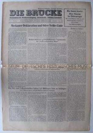 Wochenzeitung "DIE BRÜCKE" u.a. zur Oder-Neiße-Grenze und zur Vertreibung der "Volksdeutschen"