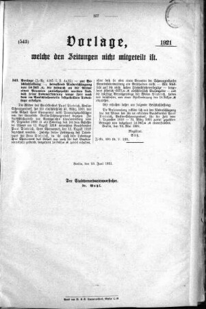 Anlagen: (543), Vorlagen, welche den Zeitungen nich mitgeteilt sind, 10. Juni 1921