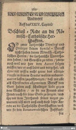 Antwort Auff das XXIV. Capitel, Beschluß-Rede an die Römisch-Catholische Herrschafften