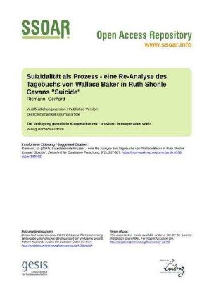 Suizidalität als Prozess - eine Re-Analyse des Tagebuchs von Wallace Baker in Ruth Shonle Cavans "Suicide"