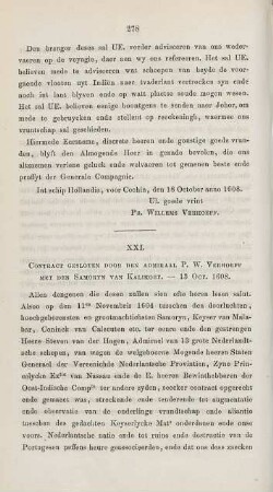 XXI. Contract gesloten door den admiraal P. W. Verhoeff met den Samoryn van Kalikoet. - 13 oct. 1608