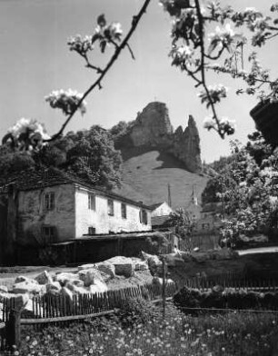 Altmühltal zur Baumblüte. Wohnhaus und Felsen