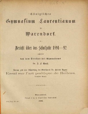 Bericht : über das Schuljahr .... 1891/92