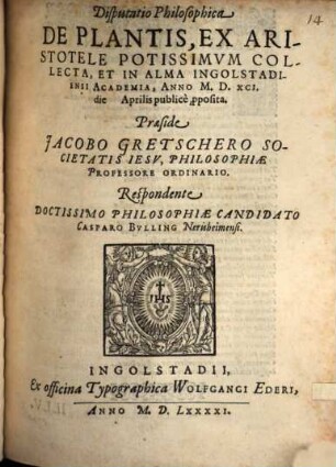Disputatio philosophica De plantis, ex Aristotele potissimum collecta