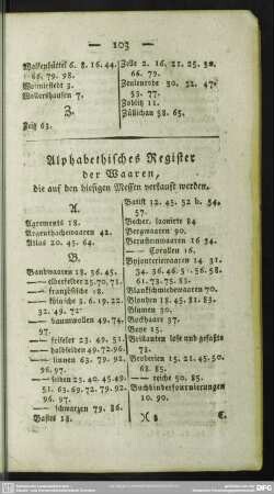 Alphabethisches Register der Waaren, die auf den hiesigen Messen verkauft werden