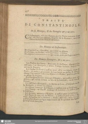Traité De Constantinople. De ses Monnoyes, & des Etrangéres qui y ont cours