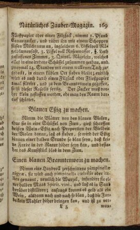 Einen blauen Branntenwein zu machen. - Essig zu machen, den man bey sich tragen kan.