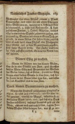 Einen blauen Branntenwein zu machen. - Essig zu machen, den man bey sich tragen kan.