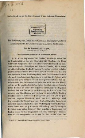 Zur Erklärung des Lullin'schen Versuches und einiger anderen Artunterschiede der positiven und negativen Elektricität