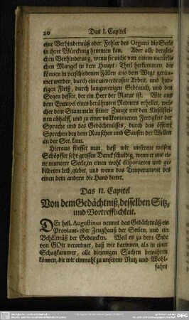 Das II. Capitel. Von dem Gedächtniß, desselben Sitz, und Vortrefflichkeit