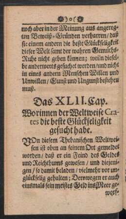 Das XLII. Cap. Worinnen der Weltweise Crates die beste Glückseligkeit gesucht habe
