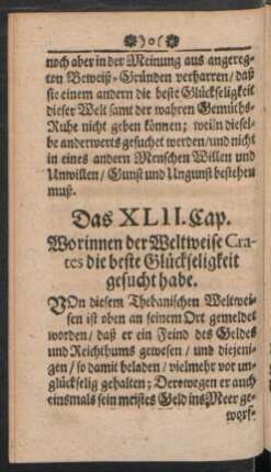 Das XLII. Cap. Worinnen der Weltweise Crates die beste Glückseligkeit gesucht habe