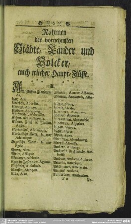Nahmen der vornehmsten Städte, Länder und Völcker, auch etlicher Haupt-Flüsse