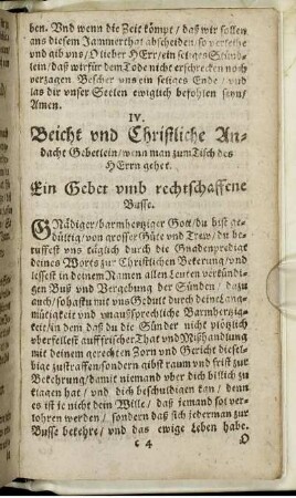 IV. Beicht und Christliche Andacht Gebetlein/ wenn man zum Tisch des Herrn gehet.