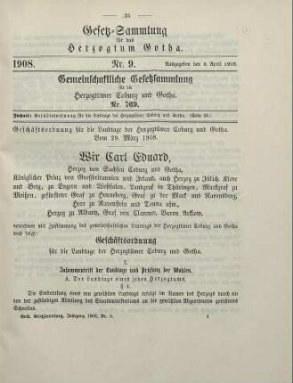 9. Geschäftsordnung für die Landtage der Herzogtümer Coburg und Gotha. Vom 29. März 1908