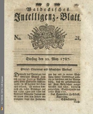 No. 21. Dinstag den 22. May 1787