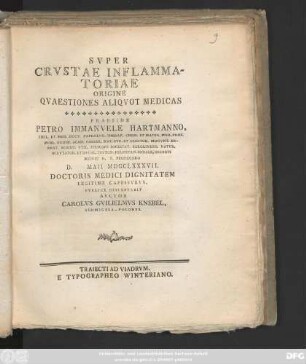 Svper Crvstae Inflammatoriae Origine Qvaestiones Aliqvot Medicas