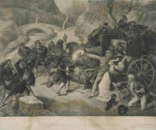 Überfall und Raubmord von Freischärlern an Besatzung und sich wehrenden Passagieren einer Kutsche in den Abruzzen, Brücke mit Statue über Gebirgsbach links